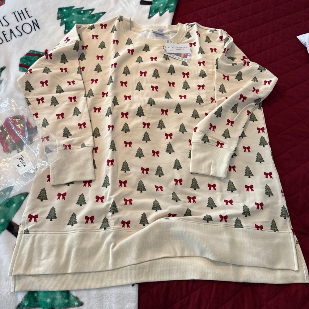 LuLaRoe Festive Cream Top with Red and Green Accents